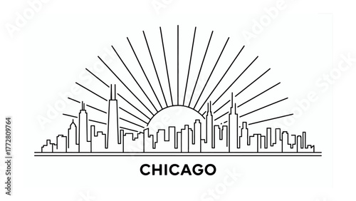 Chicago Skyline Silhouette: A simple yet elegant silhouette of the Chicago skyline, showcasing its iconic buildings against a radiant sun. A minimalist representation of urban beauty. 