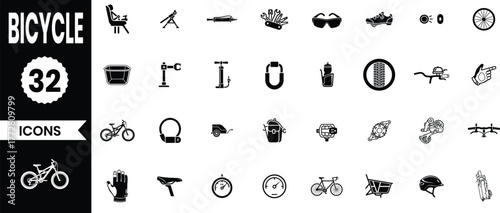 Collection of 32 bicycle and cycling related icons for design and web use