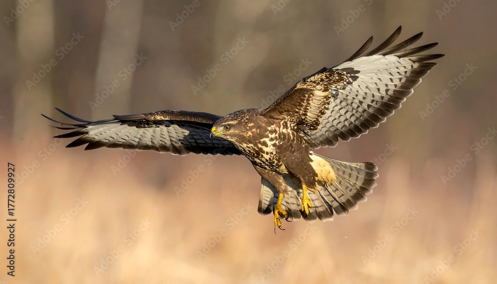 Obraz premium Buzzard in Flight - A Bird of Prey Soaring Through the Air.