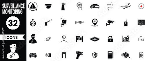 Collection of 32 black and white icons representing surveillance and monitoring concepts
