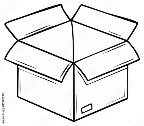 Empty open cardboard delivery box line art illustration outline drawing black and white graphic