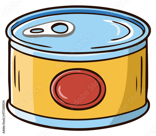Cartoon illustration of a generic tin can with a pull tab lid and blank label