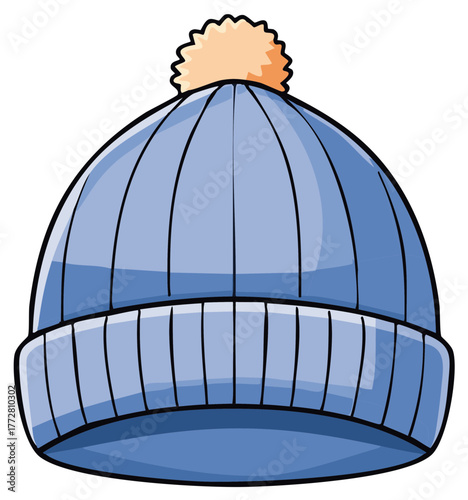 Blue knitted winter hat with a fluffy orange pompom illustration