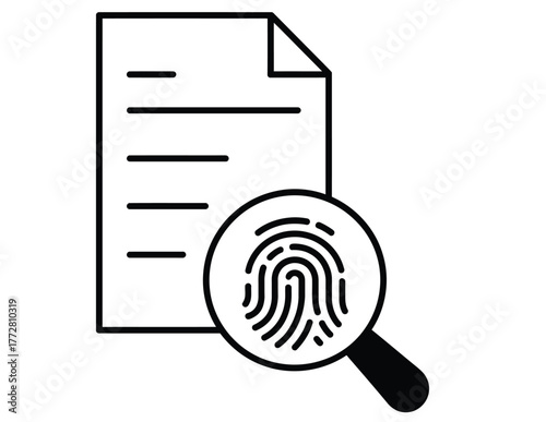 Unlocking secrets with a magnifying glass revealing a fingerprint on a document, perfect for legal investigation or identity verification, a modern and simple vector icon, perfect for crime analysis