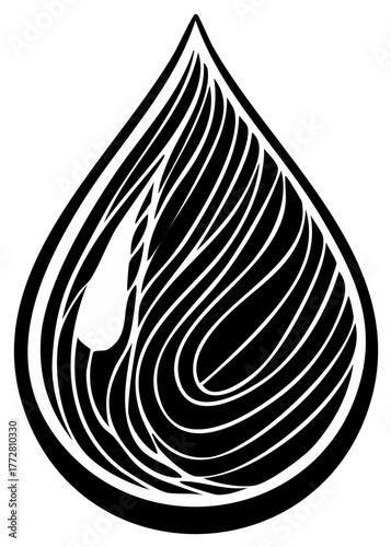 Stylized Black and White Water Drop with Swirling Lines and Inner Shape