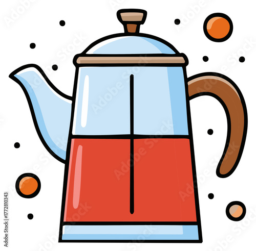 Cute cartoon coffee pot illustration, glass french press with a hot drink for breakfast