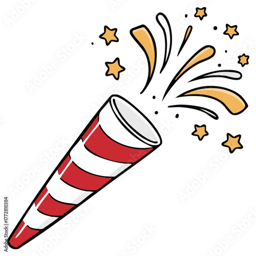 Cartoon celebration popper with red and white stripes and exploding confetti