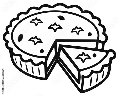 Homemade round pie with crust edge and wedge cutout showing the filling design line drawing vector illustration