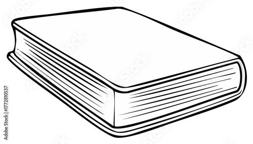Closed book black and white line art illustration. Simple sketch of a hardcover novel or textbook for reading.