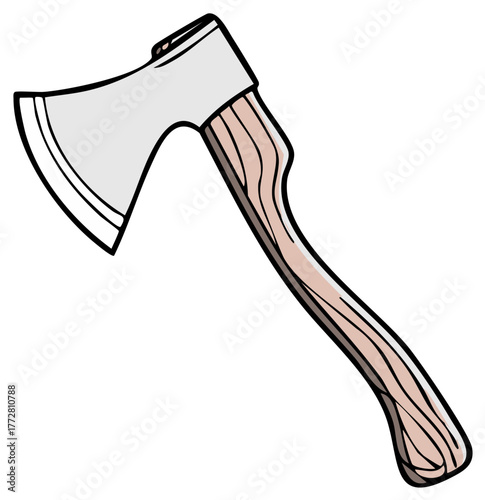 Simple cartoon axe illustration featuring a light wood handle and shiny metal blade for outdoor work