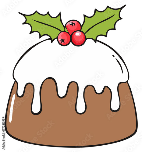 Cartoon Christmas pudding with drizzled white icing and decorative holly sprig