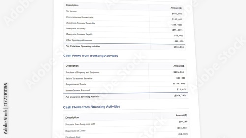 Cash flow statement with quarterly financial analysis and liquidity metrics display