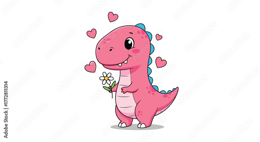 Fototapeta premium Adorable Pink Dinosaur Holding a Flower with Hearts.