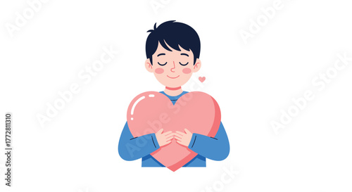Young man with closed eyes embracing a large pink heart.