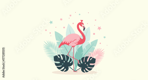 Elegant Pink Flamingo with a Crown Among Tropical Leaves.