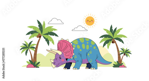 Colorful Triceratops Illustration Amidst Palm Trees and Sunny Skies.