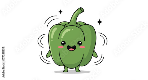 Cute Green Bell Pepper Character with Smiling Face and Sparkling Accents.