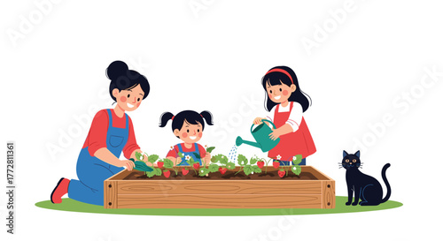 Family gardening together planting vegetables in a raised garden bed.