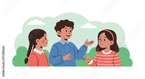 Three young children engaged in conversation, sharing stories and ideas.