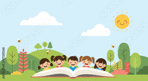 Children reading a book together outdoors in a sunny park.