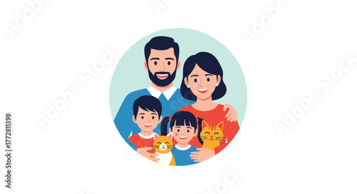Happy family portrait with parents children and pets.