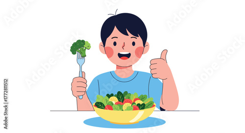 Happy boy eating healthy salad and broccoli giving thumbs up.