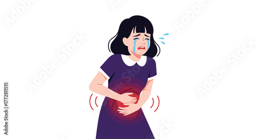 Girl suffering from stomach ache and crying in pain.
