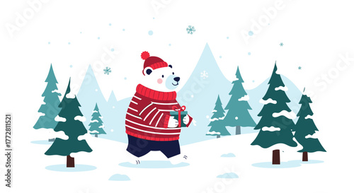 Charming Polar Bear in Winter Attire Enjoying a Hot Drink.