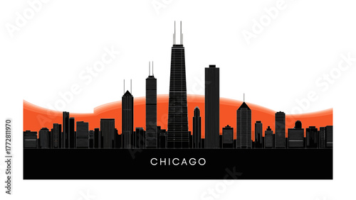 Chicago's Silhouette at Sunset: An iconic urban skyline, featuring the bold silhouettes of skyscrapers set against a vibrant sunset sky.