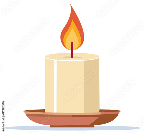 Illuminated Cream Colored Pillar Candle with Orange Flame on a Brown Candle Plate for Religious Rituals