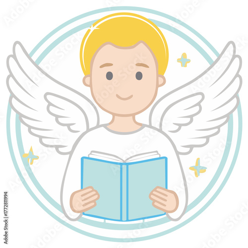 Cute cartoon angel boy with wings and halo reading a book spiritual vector illustration