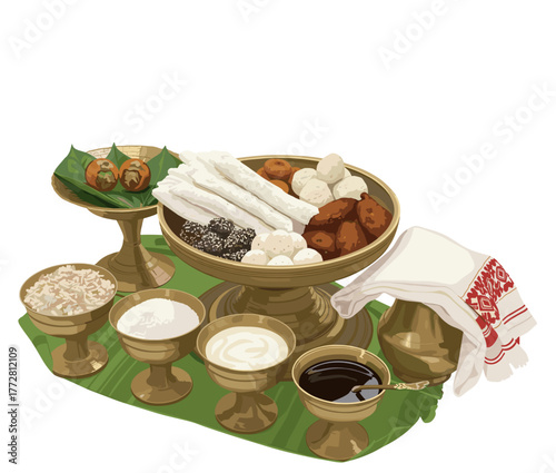 Traditional Assamese Feast for Magh Bihu with Pitha, Laru, and Local Delicacies on Brass Utensils