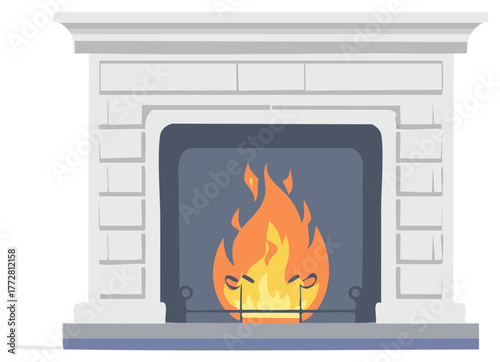 Elegant fireplace with glowing flames, illustration of brick fireplace and warm fire