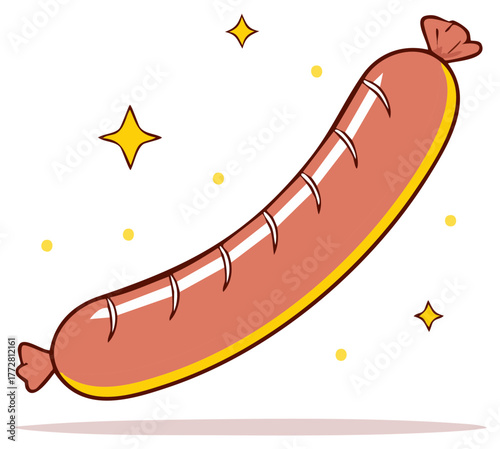 Playful cartoon sausage illustration with grill marks and sparkling elements