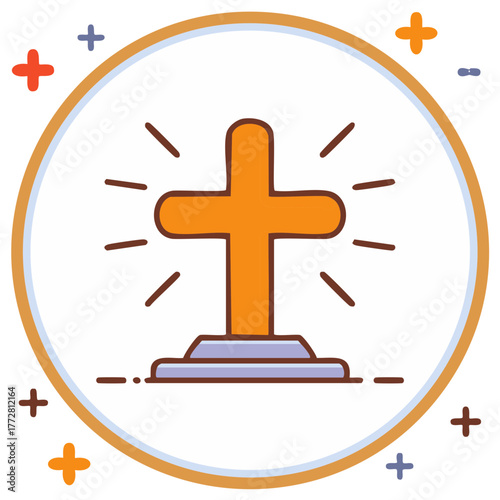 Religious Cross Symbol with Rays in a Decorative Circle for Faith and Spirituality