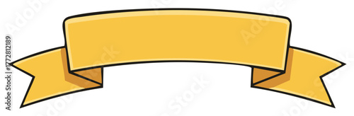 Cartoon yellow ribbon banner with black outline, vector illustration isolated.
