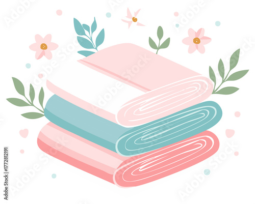 A cute vector illustration of a stack of fresh pastel towels or fabrics with decorative flowers and leaves