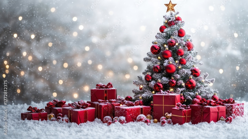 Obraz premium Festive Christmas Scene: A beautifully decorated tree adorned with ornaments and a star, surrounded by an array of wrapped gifts, creating a warm and enchanting atmosphere of the holiday season.
