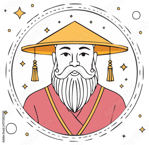 Wise man with conical hat and long beard encircled in elegant line art style design, cultural symbol, tradition, spirituality.