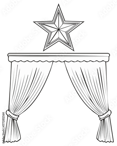 Elegant vector line art of a grand star design above classic theatrical curtains tied back