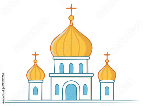 Stylized cartoon illustration of an Eastern Orthodox church with golden domes and crosses