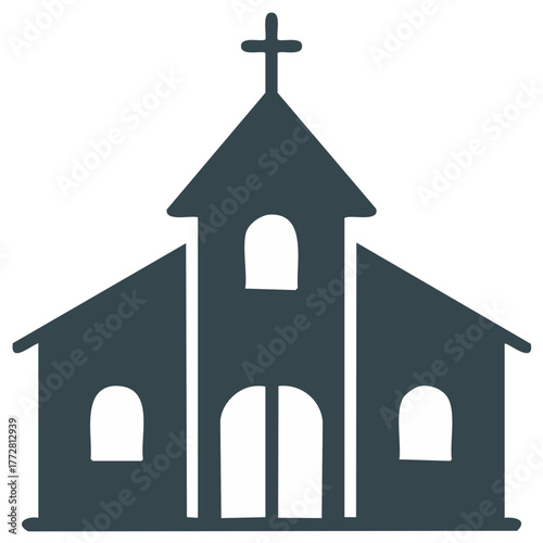 Elegant Church Illustration with Cross Detail, Architectural Style, Christian Symbol, Religion Icon