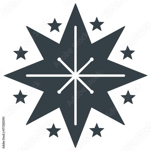 Festive Christmas North Star flat icon with a geometric snowflake and surrounding celestial stars decoration