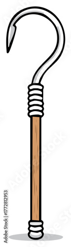Question Mark Shaped Hook with Wooden Handle Cartoon Illustration