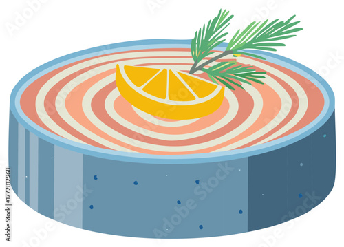 Isometric illustration of an open tin of salmon garnished with a fresh lemon wedge and dill sprig