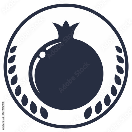 Stylized Pomegranate Emblem with Laurel Wreath and Circular Border