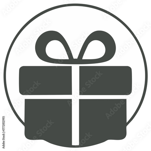 Simple monochrome icon of a gift box with a bow inside a circle