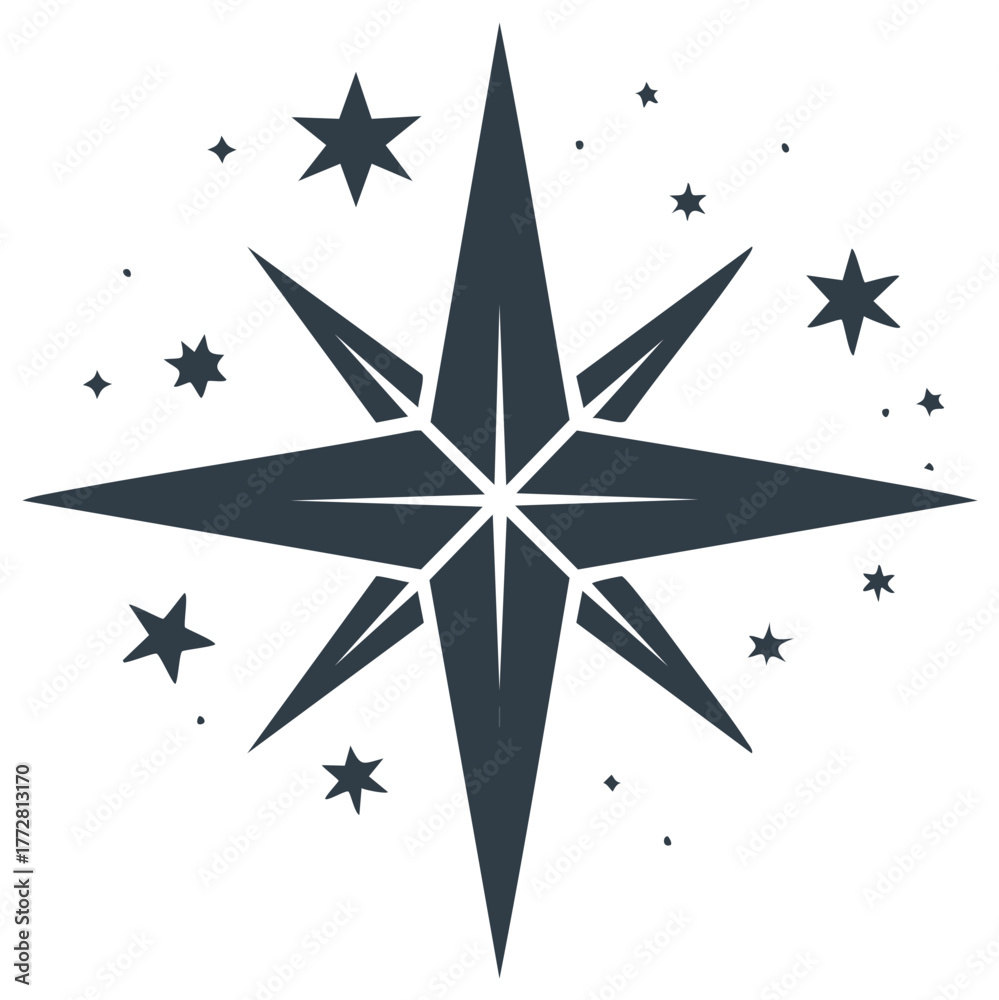 Fototapeta premium Dark Teal Geometric Starburst Shape Surrounded by Smaller Star Shapes