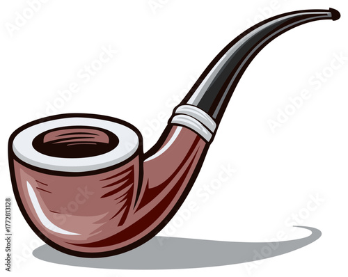 Illustration of a classic wooden pipe with a curved black stem and white rim detail