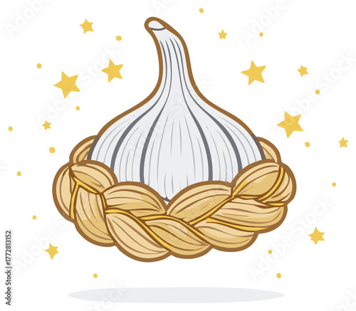 Stylized Bulb of Garlic with Woven Braid of Garlic Cloves Surrounded by Stars